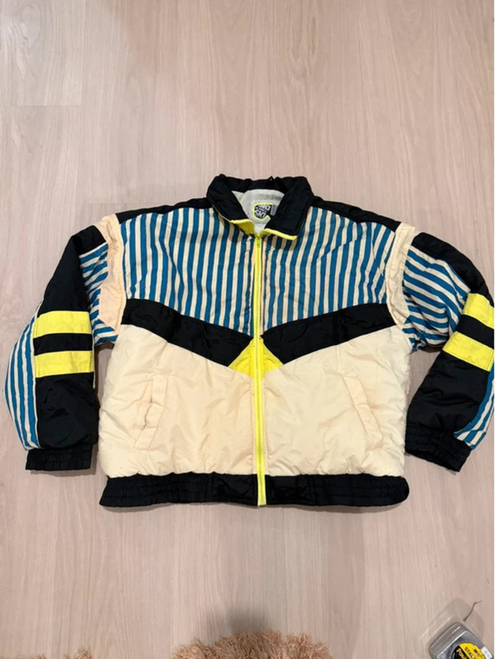 Vintage 90s Alpine Ski Colorblock Puffer Jacket Neon Yellow Blue Striped Large